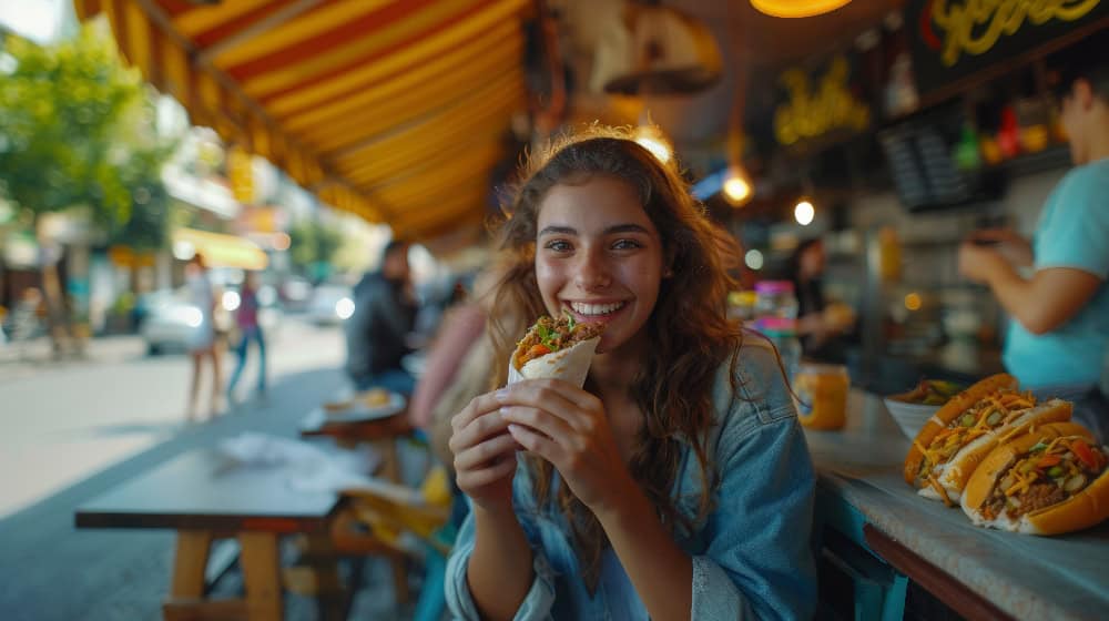 Κοπέλα απολαμβάνει street food