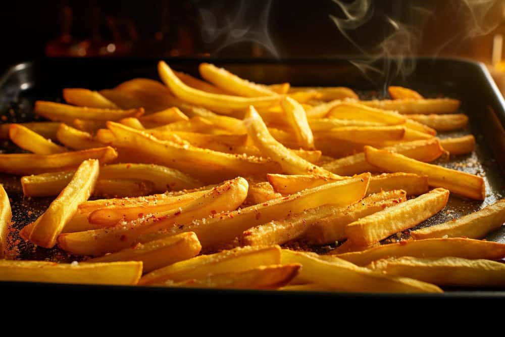 Frozen french fries in a baking sheet