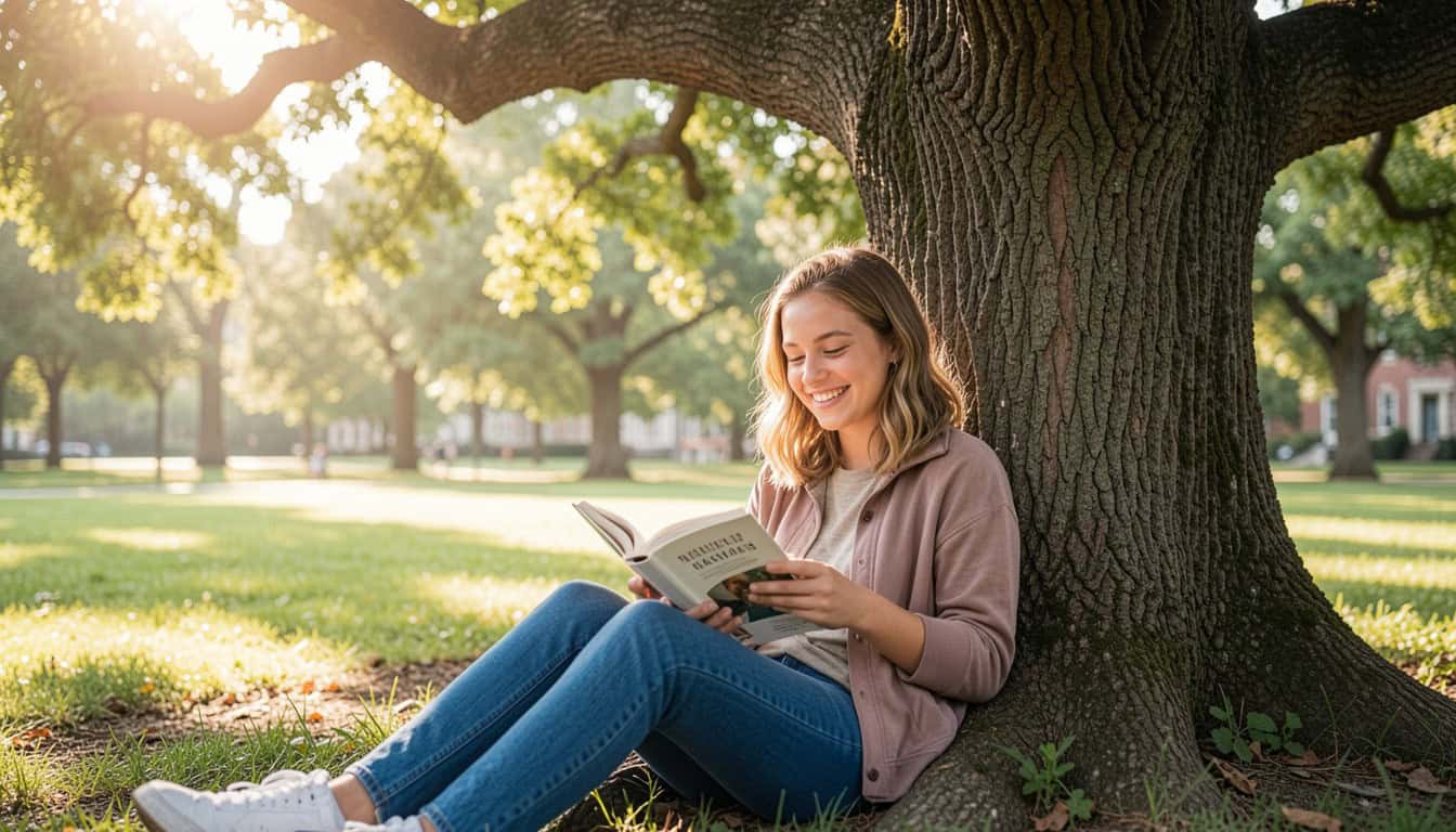 A happy student reading a novel under a large oak tree in a sunny park after exams, peaceful
