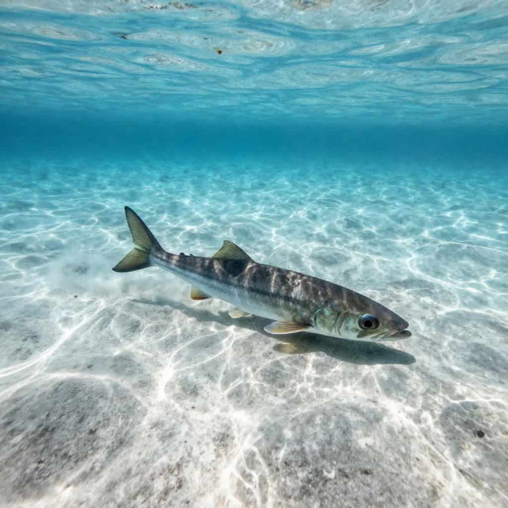 Lagocephalus sceleratus swimming over a sandy seabed, shallow tropical waters, bright sunny day, wide angle view